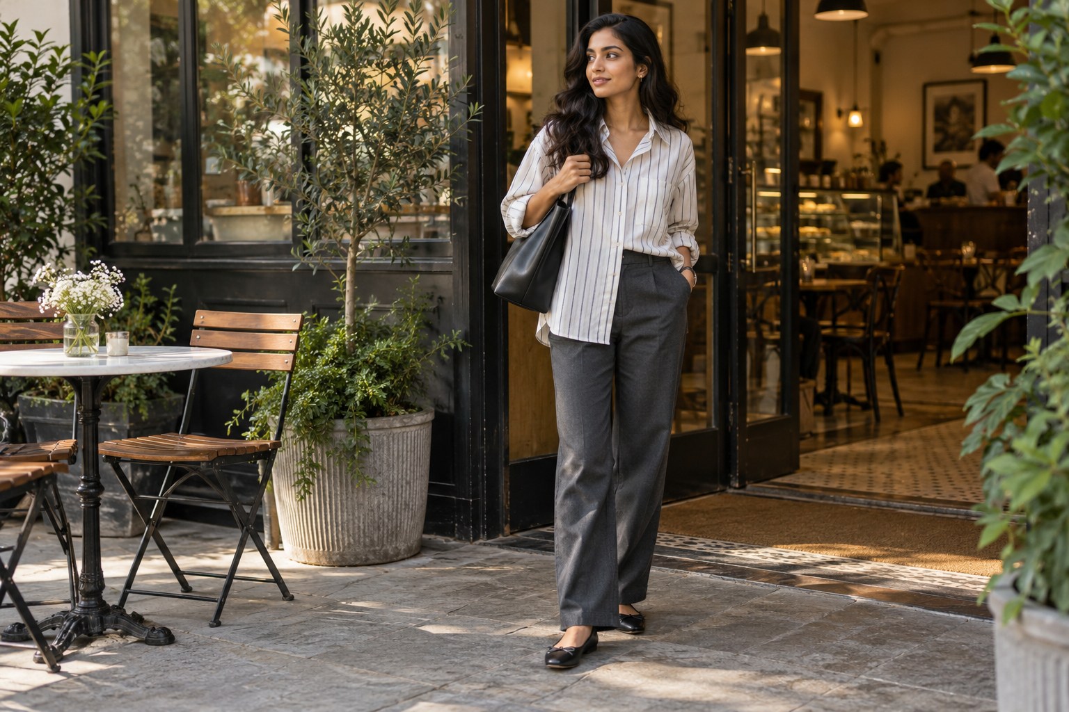 Full-length adult South Asian woman in an oversized pale striped cotton shirt half-tucked into straight charcoal trousers, simple flat shoes.