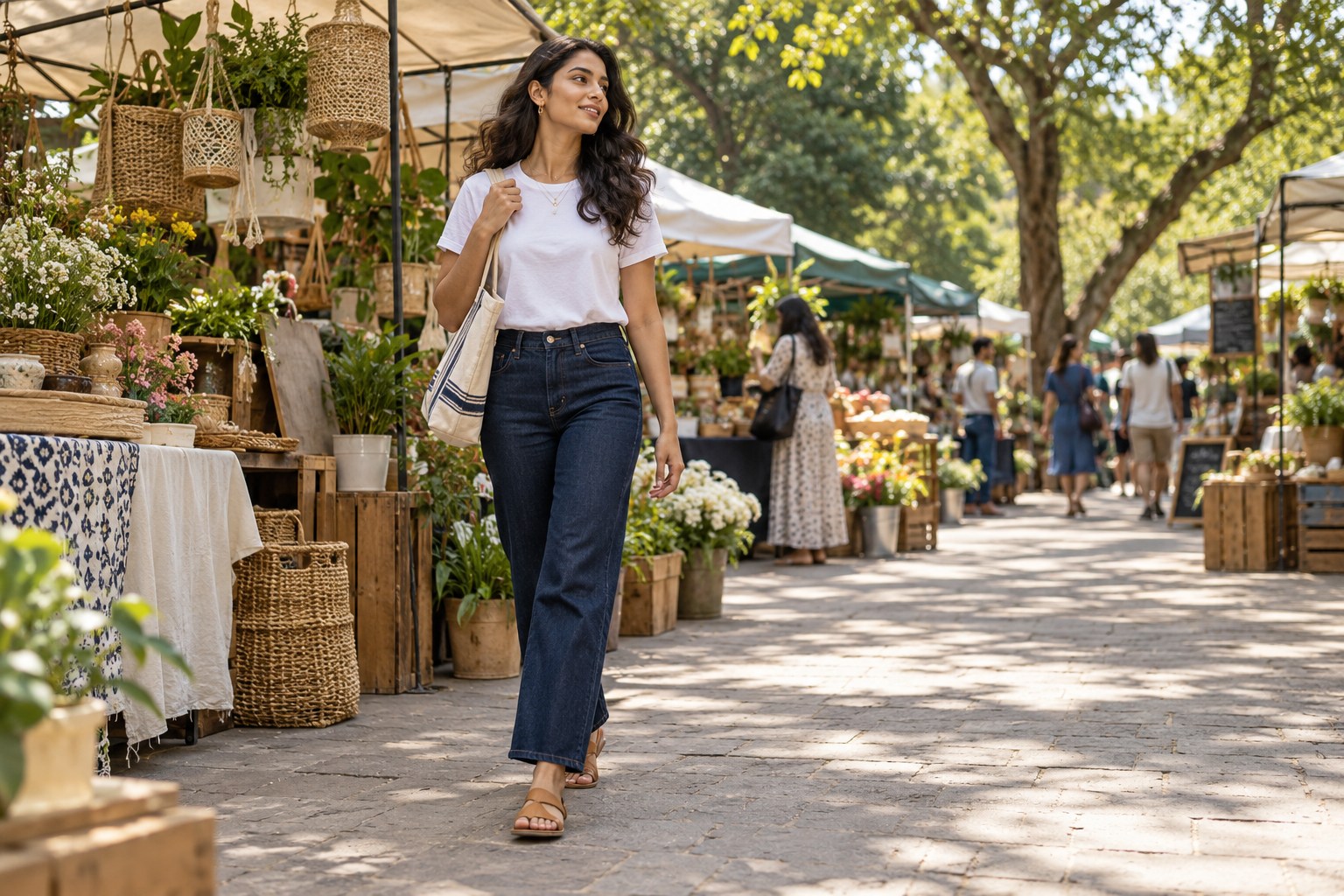 Woman in dark indigo jeans, white cotton T-shirt.
