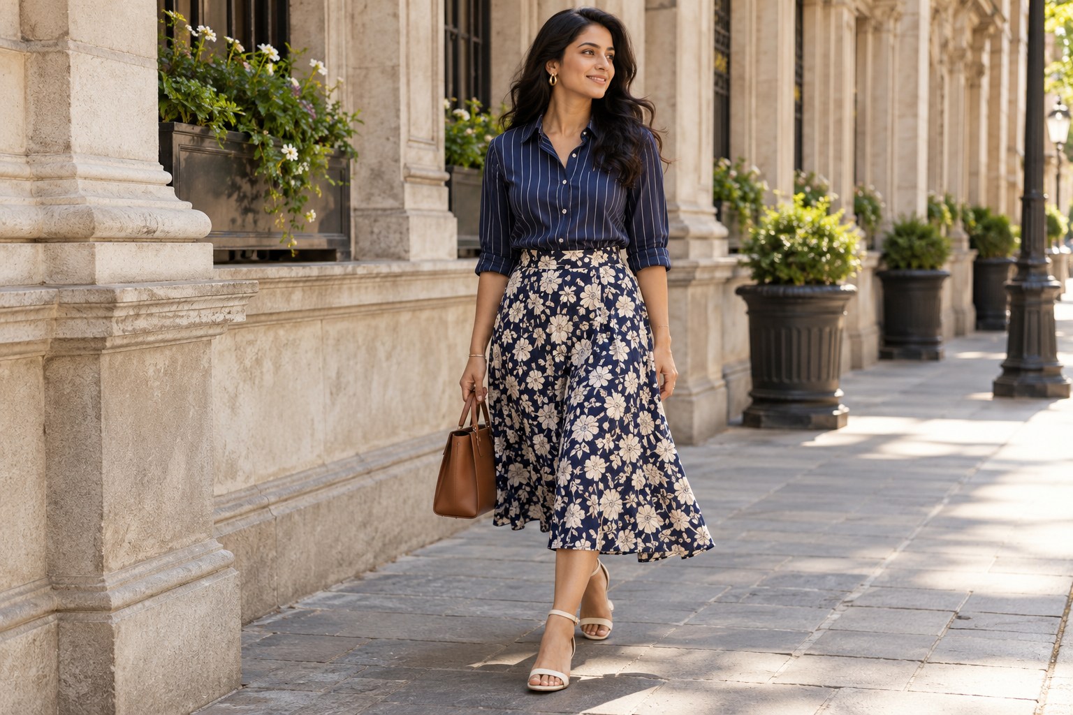 Woman wearing a fine navy striped shirt with a small floral midi skirt in navy and cream.