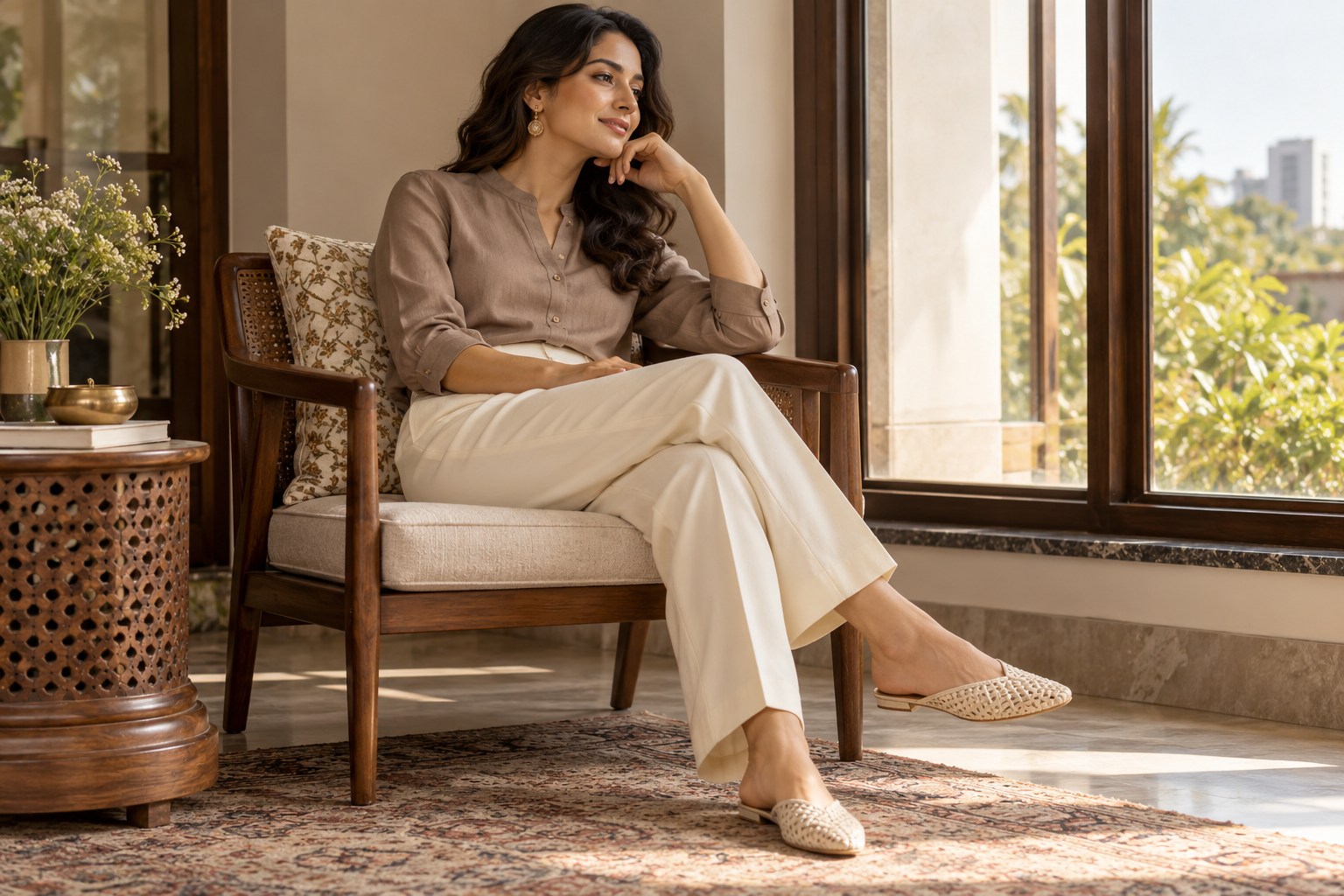 Detail of adult woman wearing opaque cream trousers with smooth lining, plain taupe blouse.