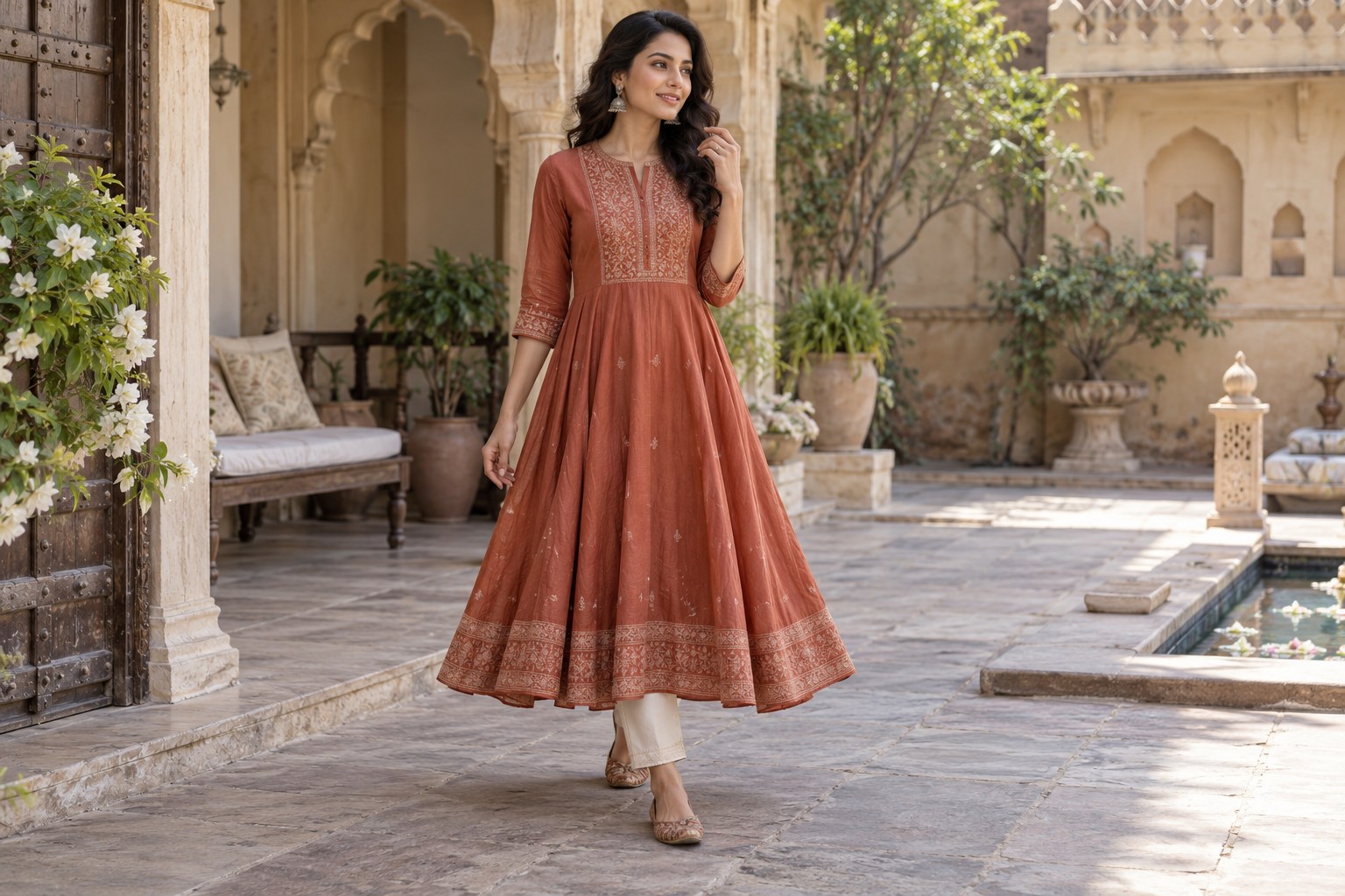 Woman in a flared calf-length terracotta kurta over slim cream trousers, flat shoes.