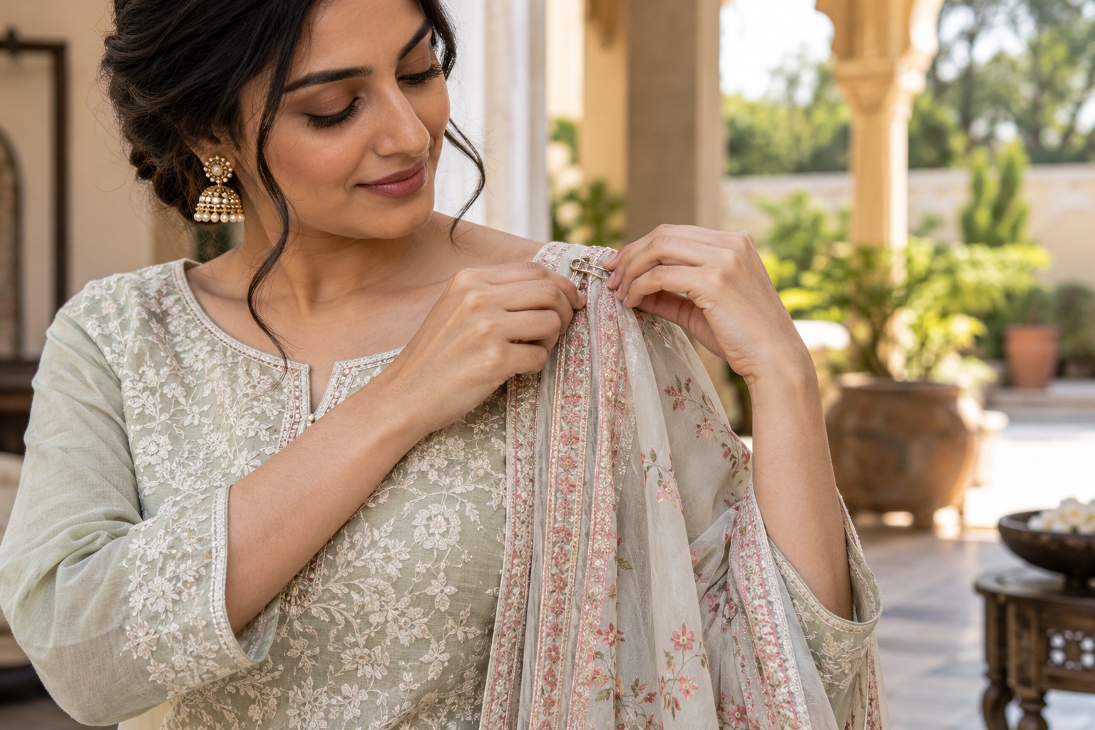Detail of an adult woman gently fastening a lightweight dupatta to the shoulder seam of her kurta using a small closed safety pin, fabric safely away from skin.