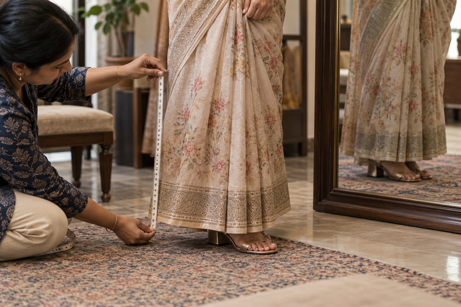 Lower half of adult woman wearing a saree and low sandals before a mirror, hem hovering just above floor.