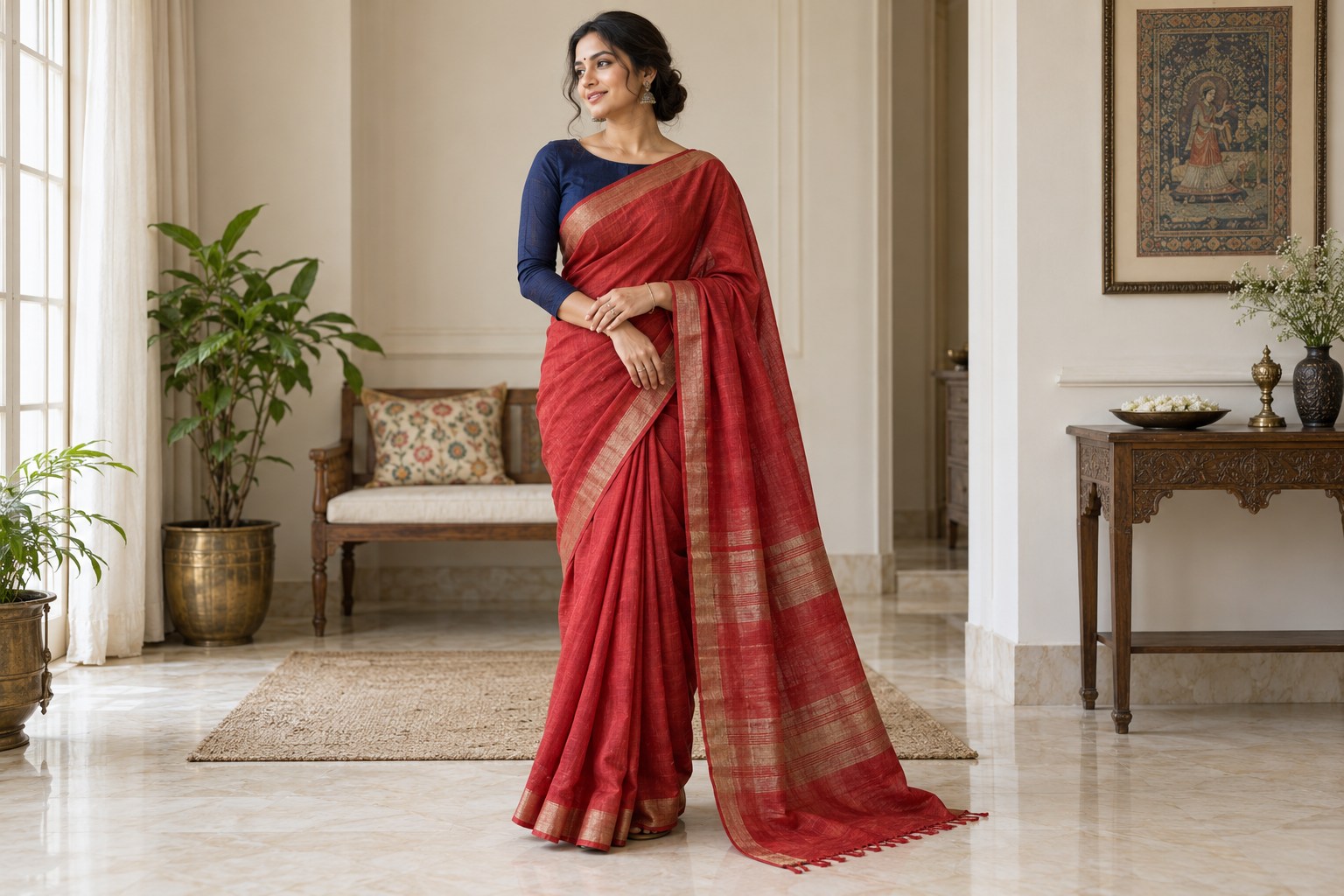 Woman wearing a soft red saree with a plain navy full-sleeve blouse, restrained jewellery.
