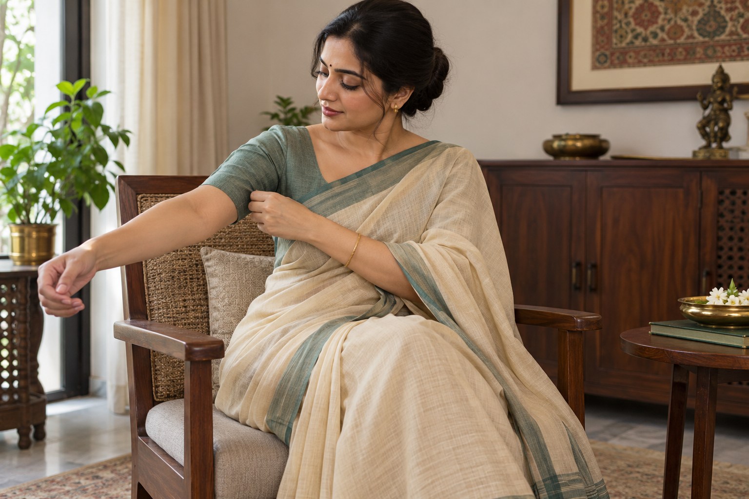 Woman wearing a fully covering plain saree blouse and saree seated in a chair, gently extending an arm forward to check ease across the shoulder.