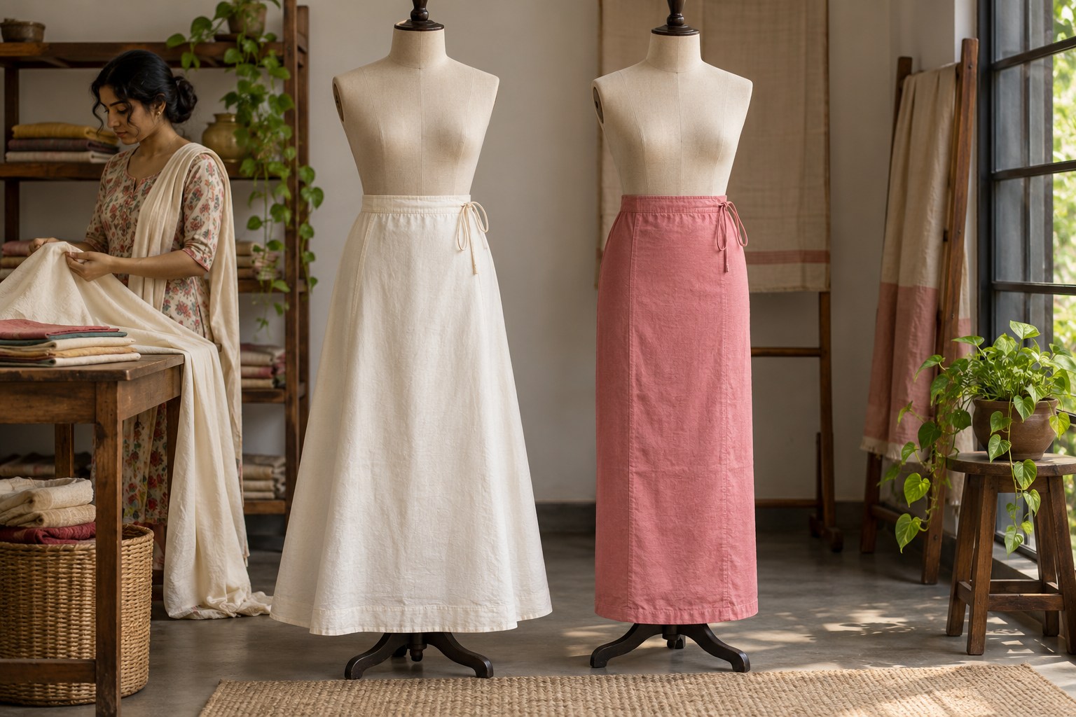 Two plain cotton saree petticoats on adjacent dress forms, one gently A-line and one narrow straight cut.