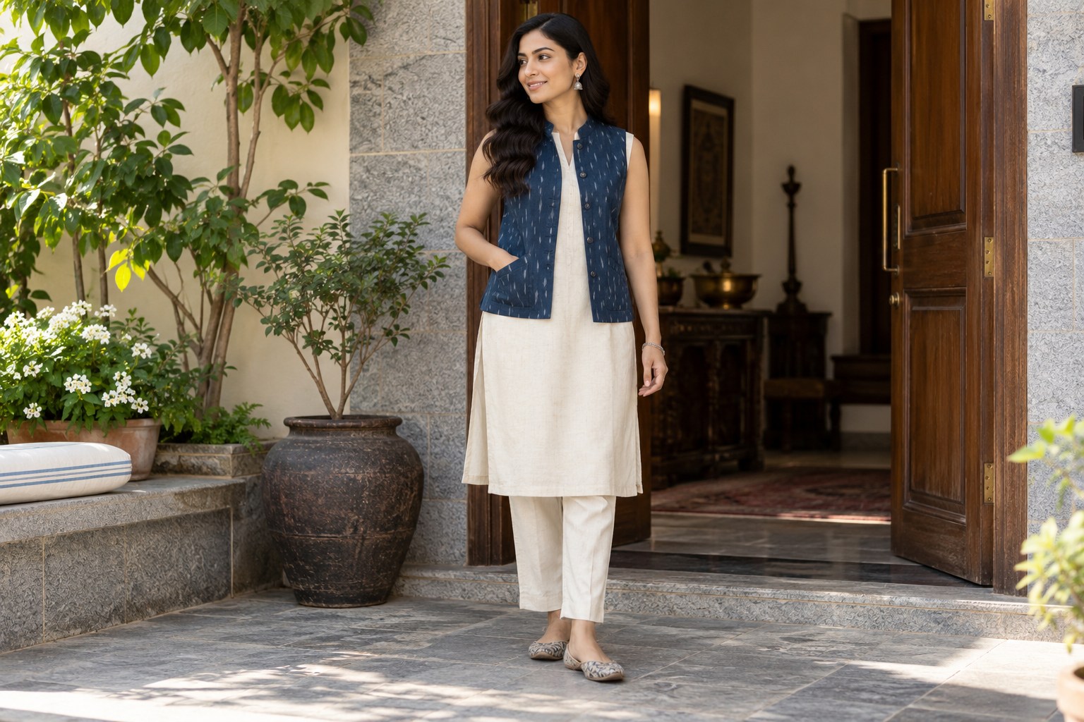 Woman in an indigo sleeveless waistcoat over a plain cream knee-length kurta and straight trousers.
