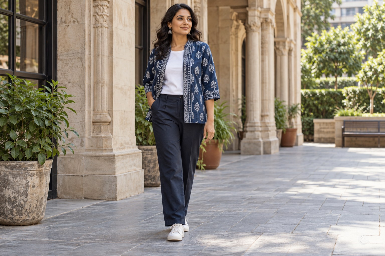 Woman in an indigo block-printed cotton jacket over a white T-shirt and modern straight dark trousers.