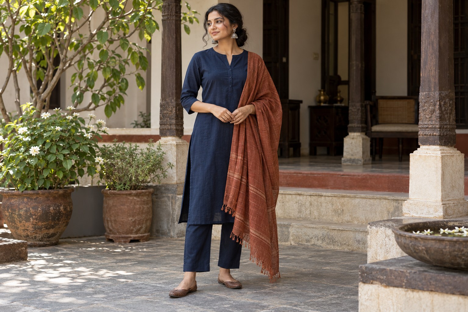 Woman in a plain navy cotton kurta and trousers with a loosely woven rust cotton dupatta with visible handloom slub texture.