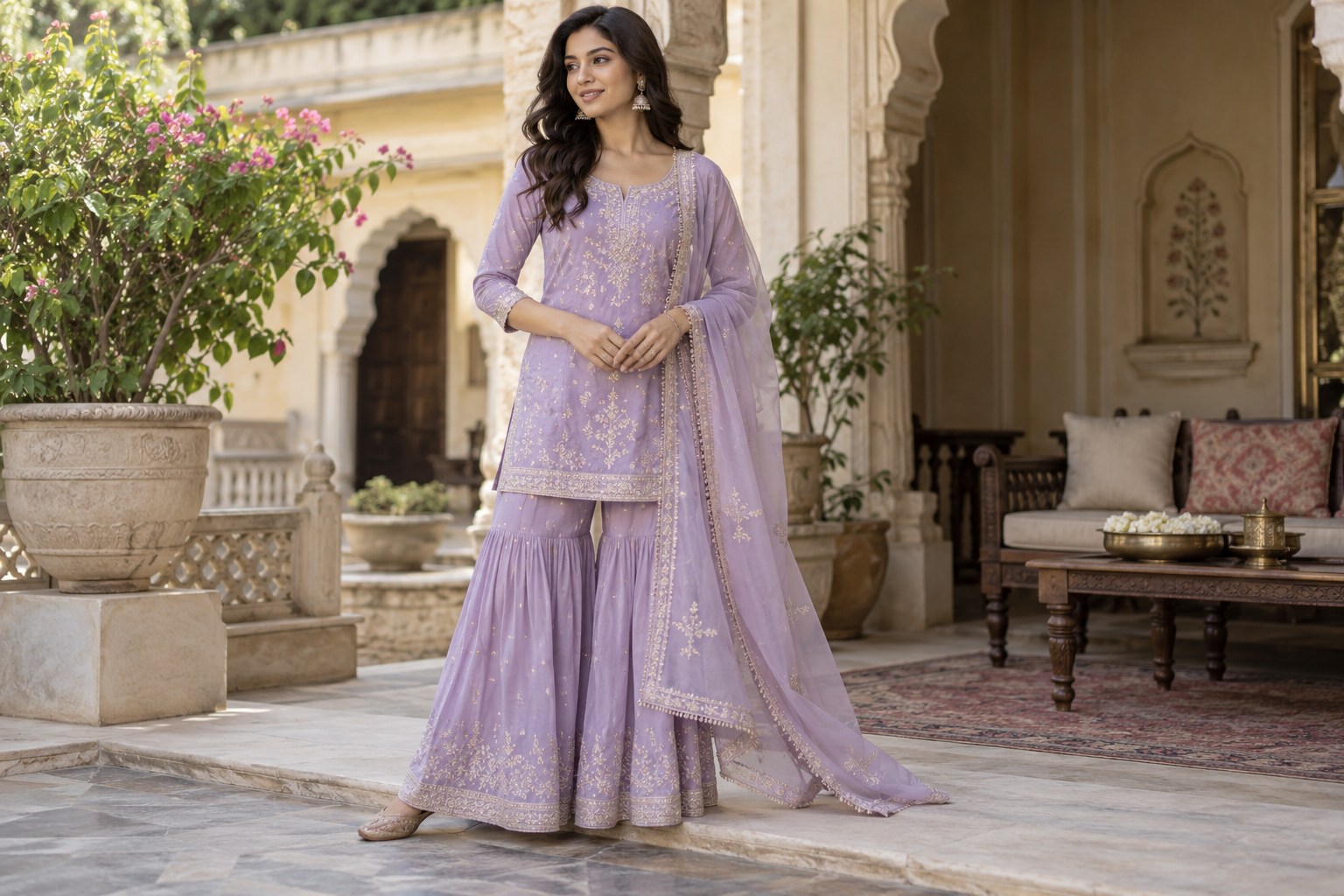 Woman wearing a short straight lavender kurta over flowing sharara trousers flaring below knee, light dupatta.