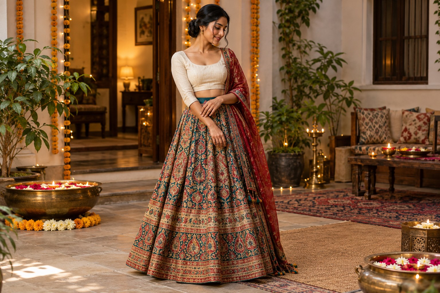 Woman wearing a patterned festive lehenga skirt with a simple plain cotton cream blouse and tiny earrings, small home celebration.