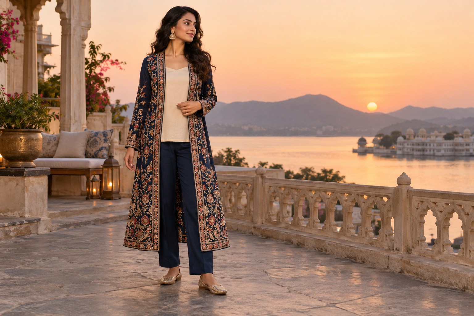 Woman wearing a long open embroidered ethnic jacket over a simple cream top and straight navy trousers.