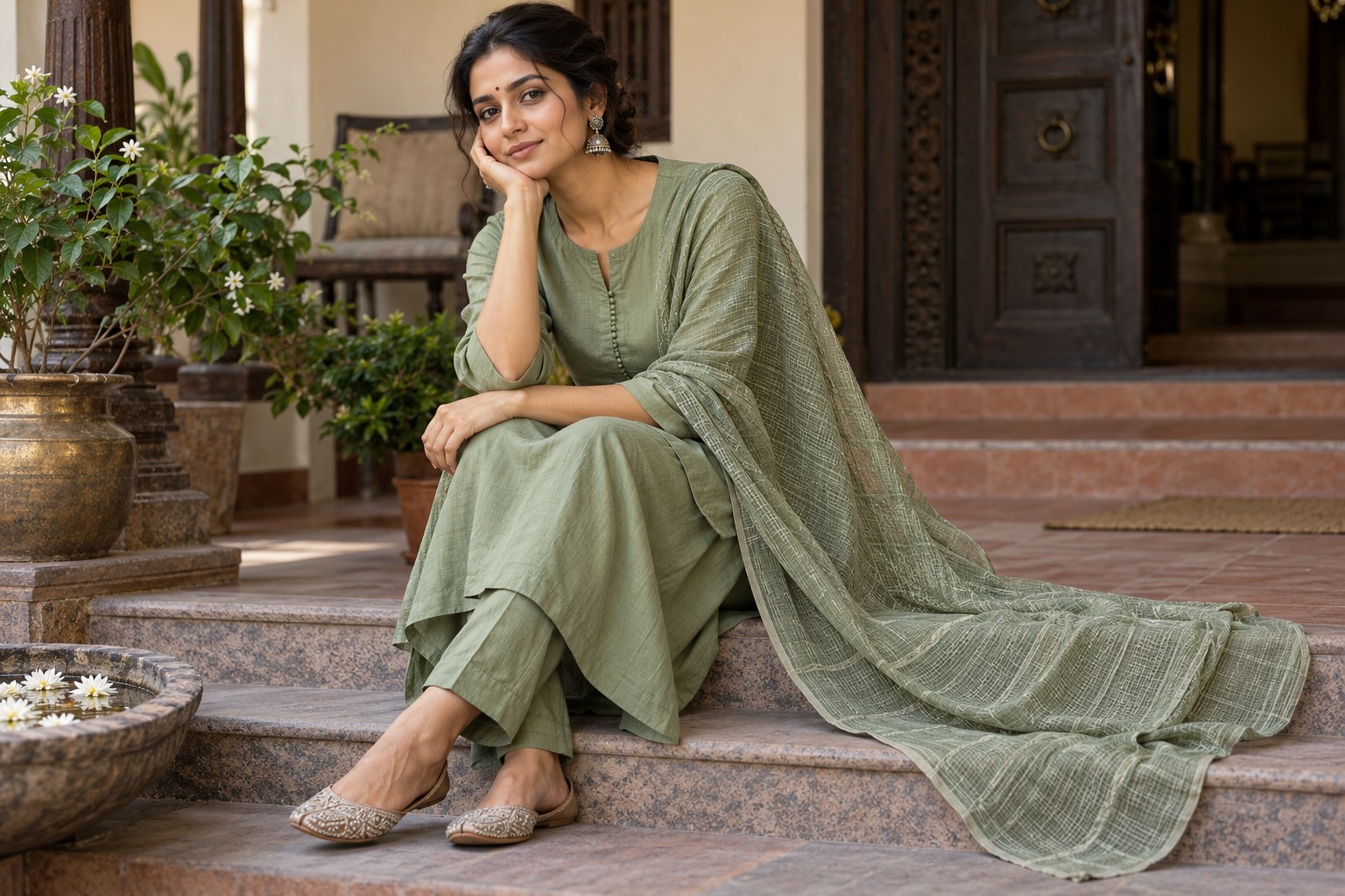 Woman in a tonal sage kurta set, matte cotton kurta and subtly textured woven dupatta of same colour.