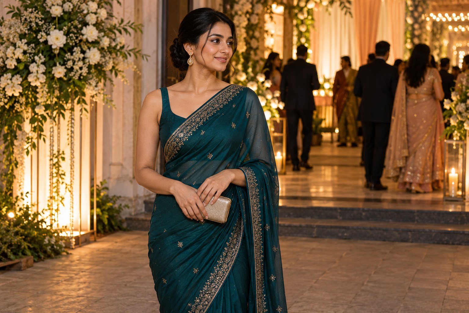 Adult Indian wedding guest wearing a dark teal saree with one pair of simple gold-tone drop earrings and a plain small clutch, softly lit reception entrance.