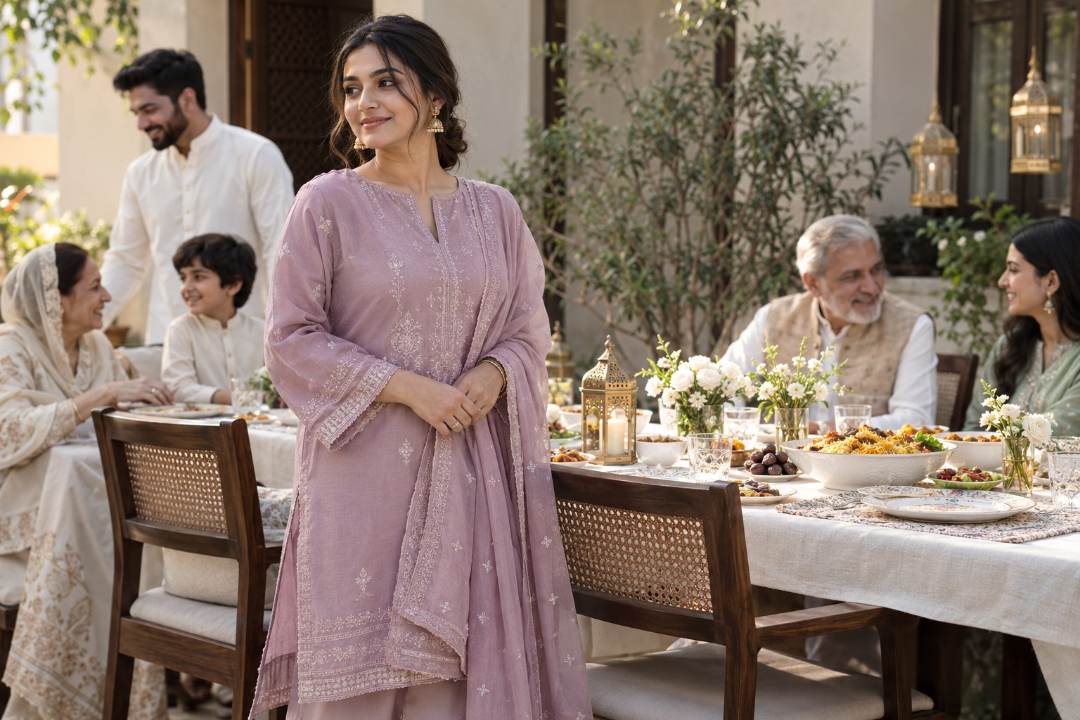 Woman in a light mauve loose kurta set with a softly draped modest dupatta, standing by an Eid family gathering table.