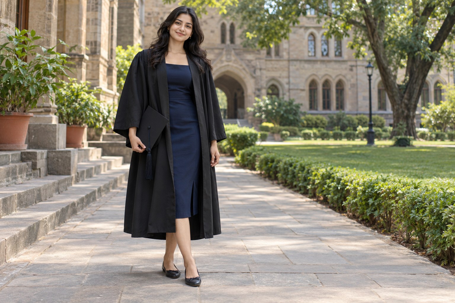 Woman wearing an open black graduation gown over a neatly fitted navy dress, simple flats.