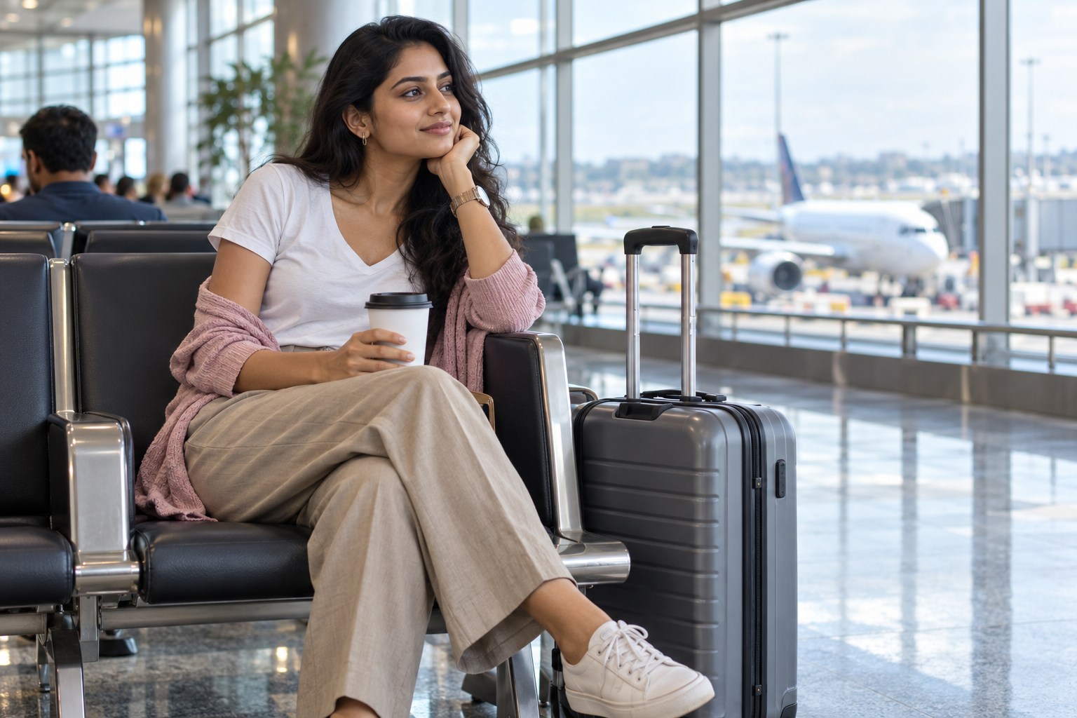 Woman wearing a T-shirt, loose trousers and removable lightweight cardigan.