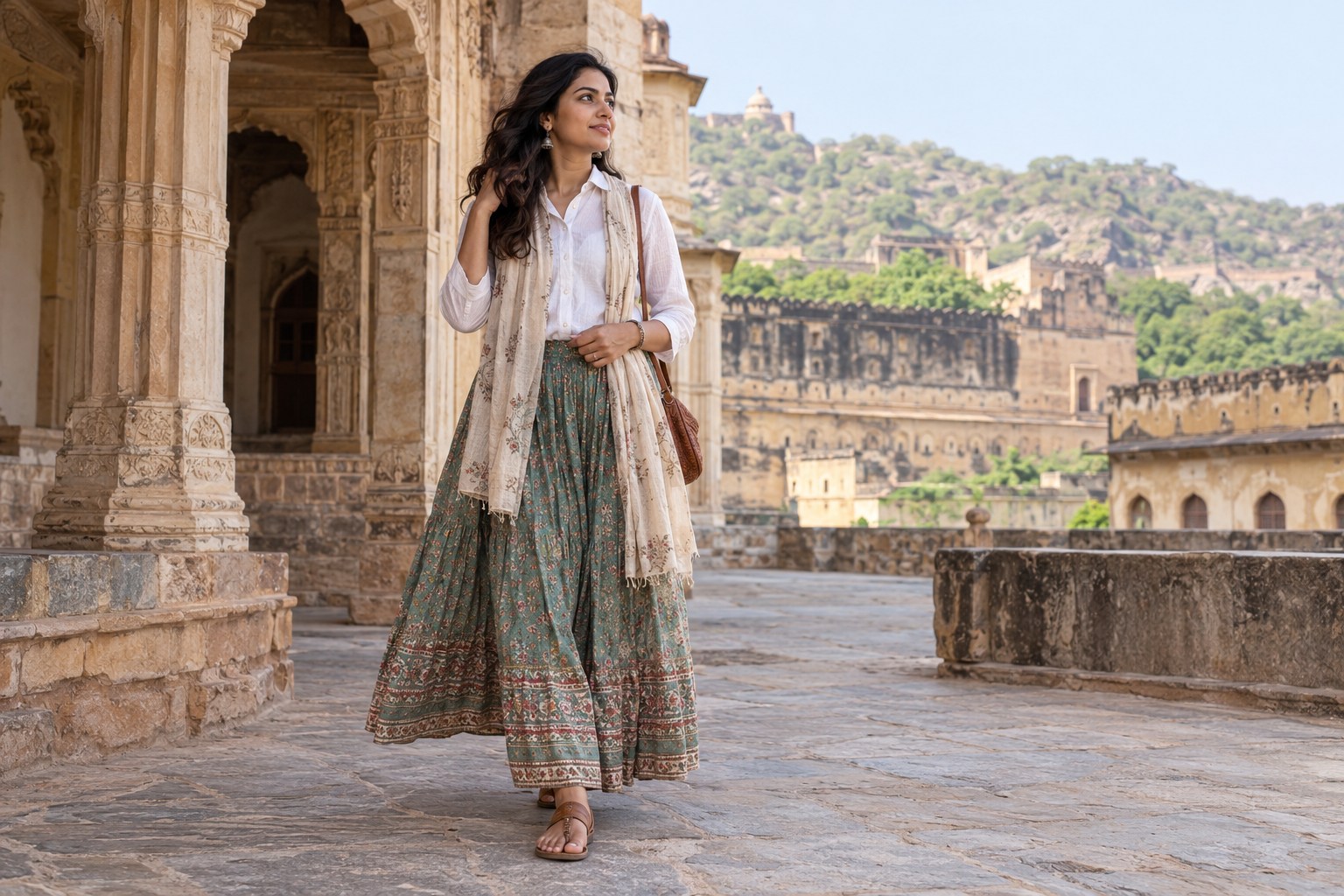 Woman sightseeing in a loose ankle-length skirt, opaque long-sleeve cotton shirt and light shoulder scarf.
