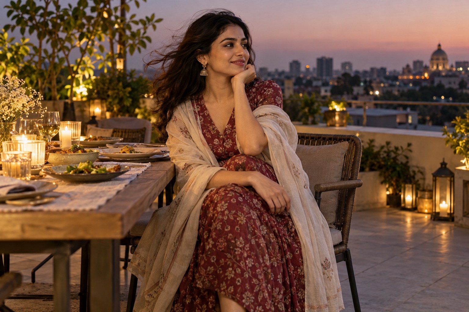 Woman at a rooftop dinner wearing a midi dress with a securely wrapped light shawl, gently windy evening with hair moving.