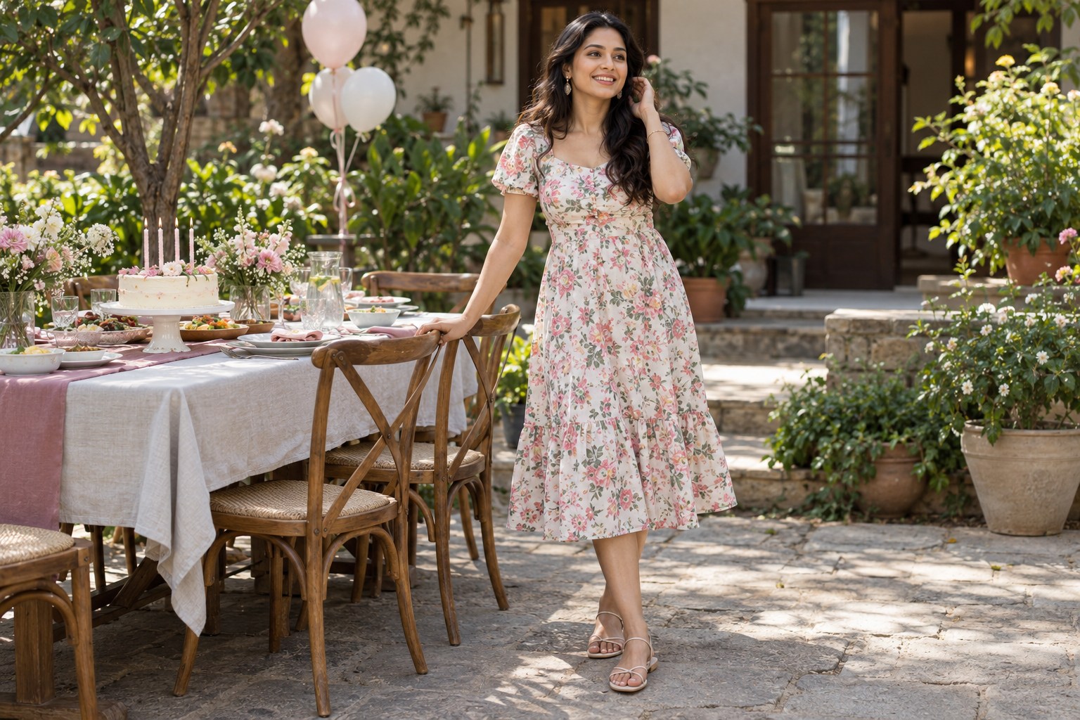 Woman wearing a short-sleeve floral midi dress and simple sandals at an outdoor daytime birthday lunch table, subdued decoration.