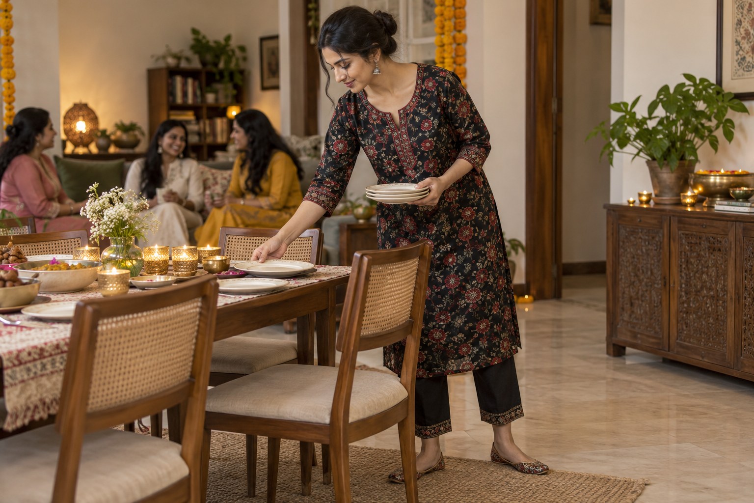 Woman hosting a small home celebration wearing a dark printed kurta and cropped trousers, sleeves above wrists while arranging plates.