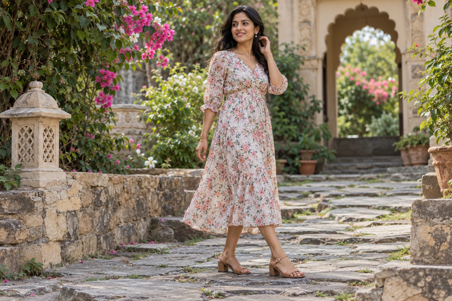 Woman wearing a floral midi dress and low broad-heel sandals on an uneven garden stone path.