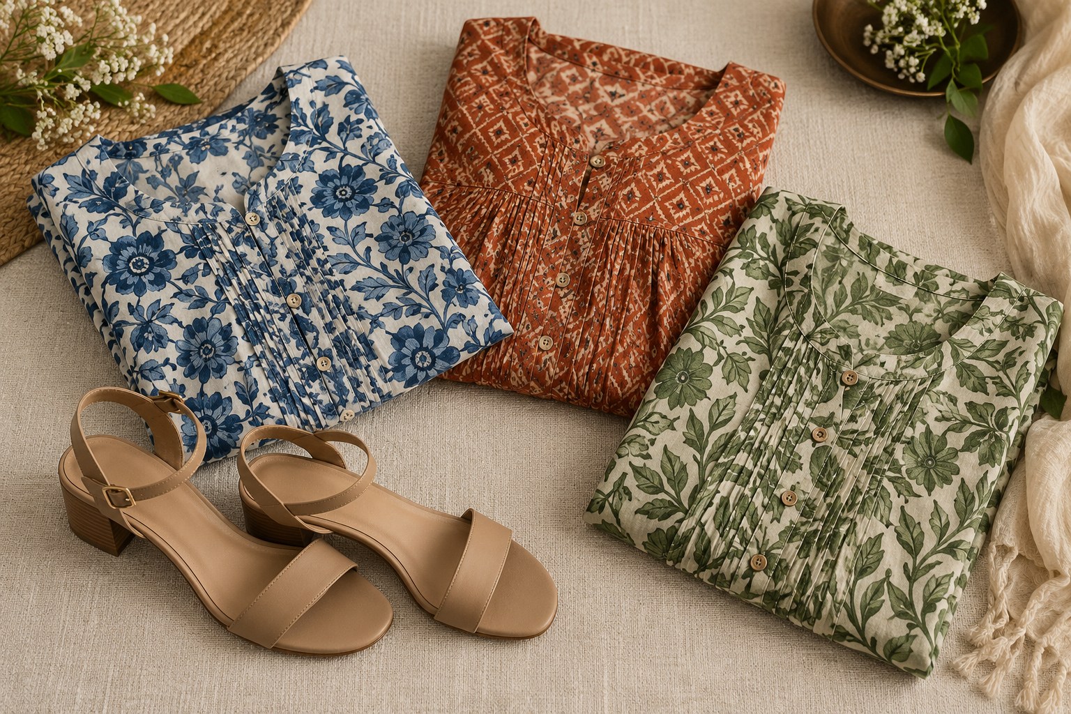 One pair of taupe low-heeled sandals placed beside three distinct folded printed dresses in blue floral, rust geometric and green leaf patterns.