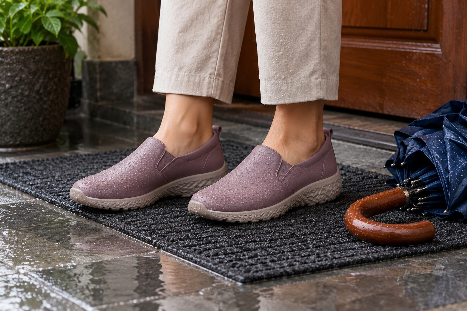 Closed slip-on shoes beside a folded umbrella on a wet entry mat.