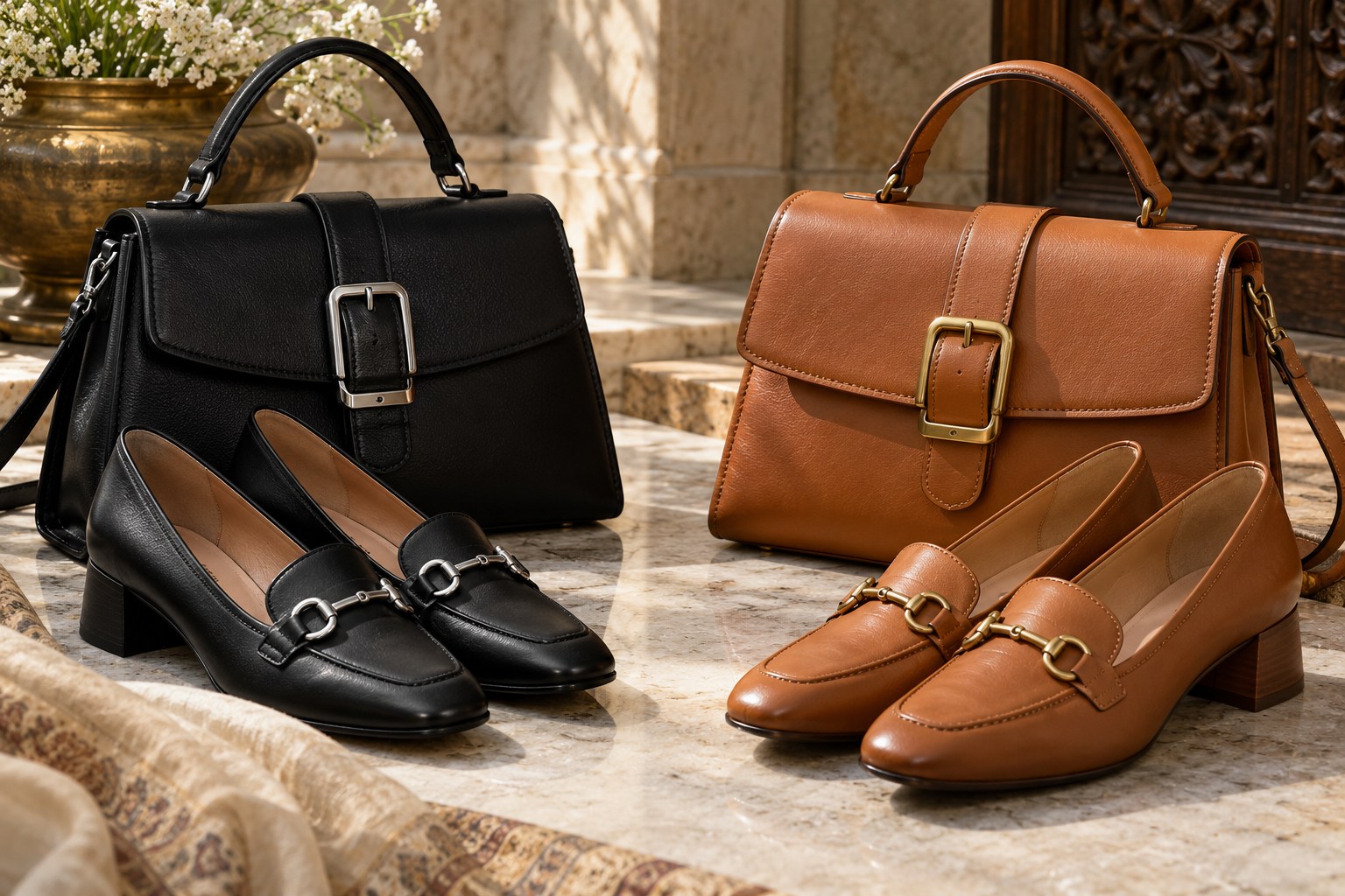 Close-up styling arrangement of a black handbag with silver buckle and black shoes with silver hardware beside a tan handbag with brass buckle and matching tan shoes, two coherent pairs.