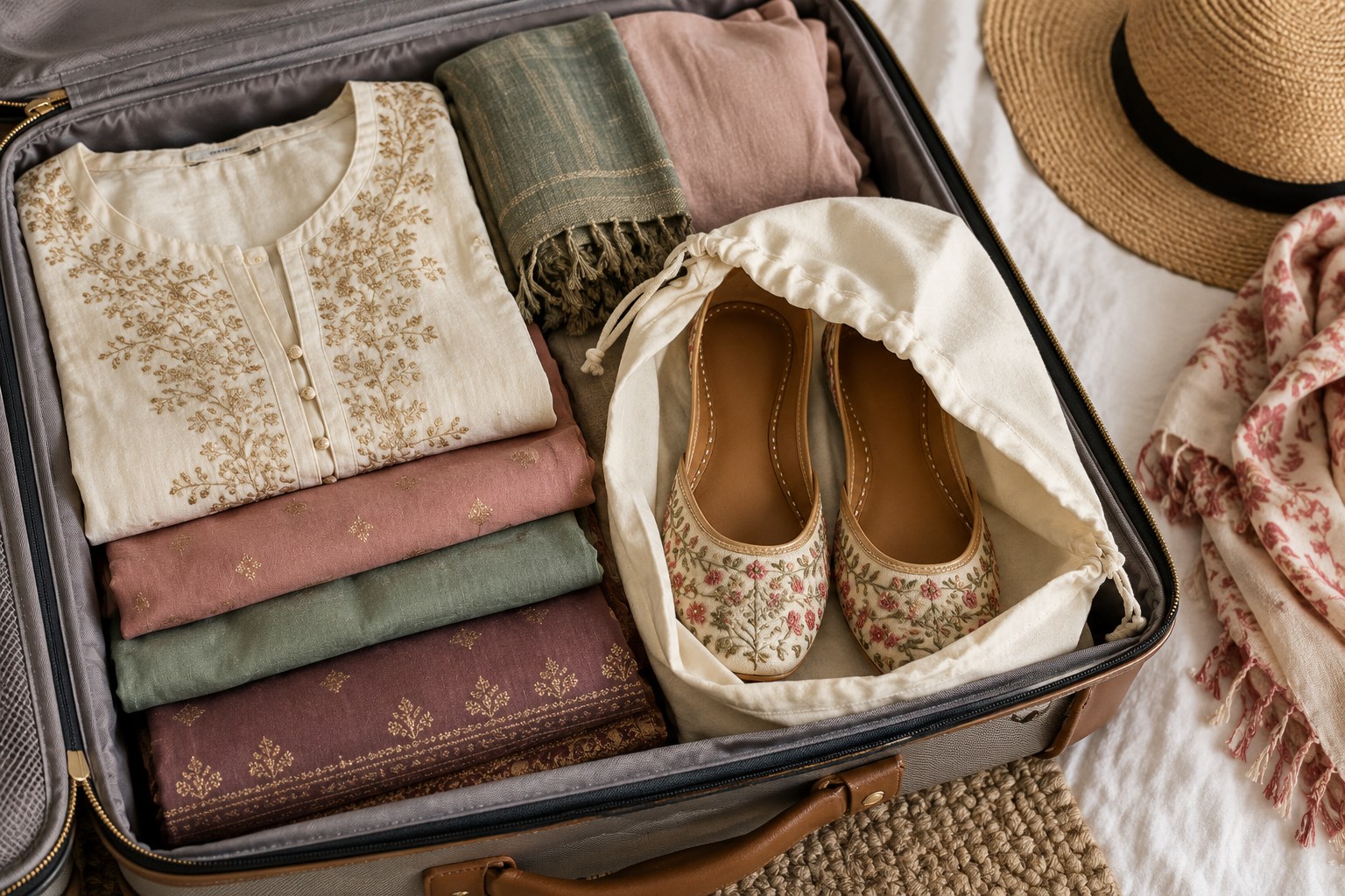 Open travel bag with a spare pair of women's flats enclosed in a clean fabric shoe pouch, clothing neatly folded separately.