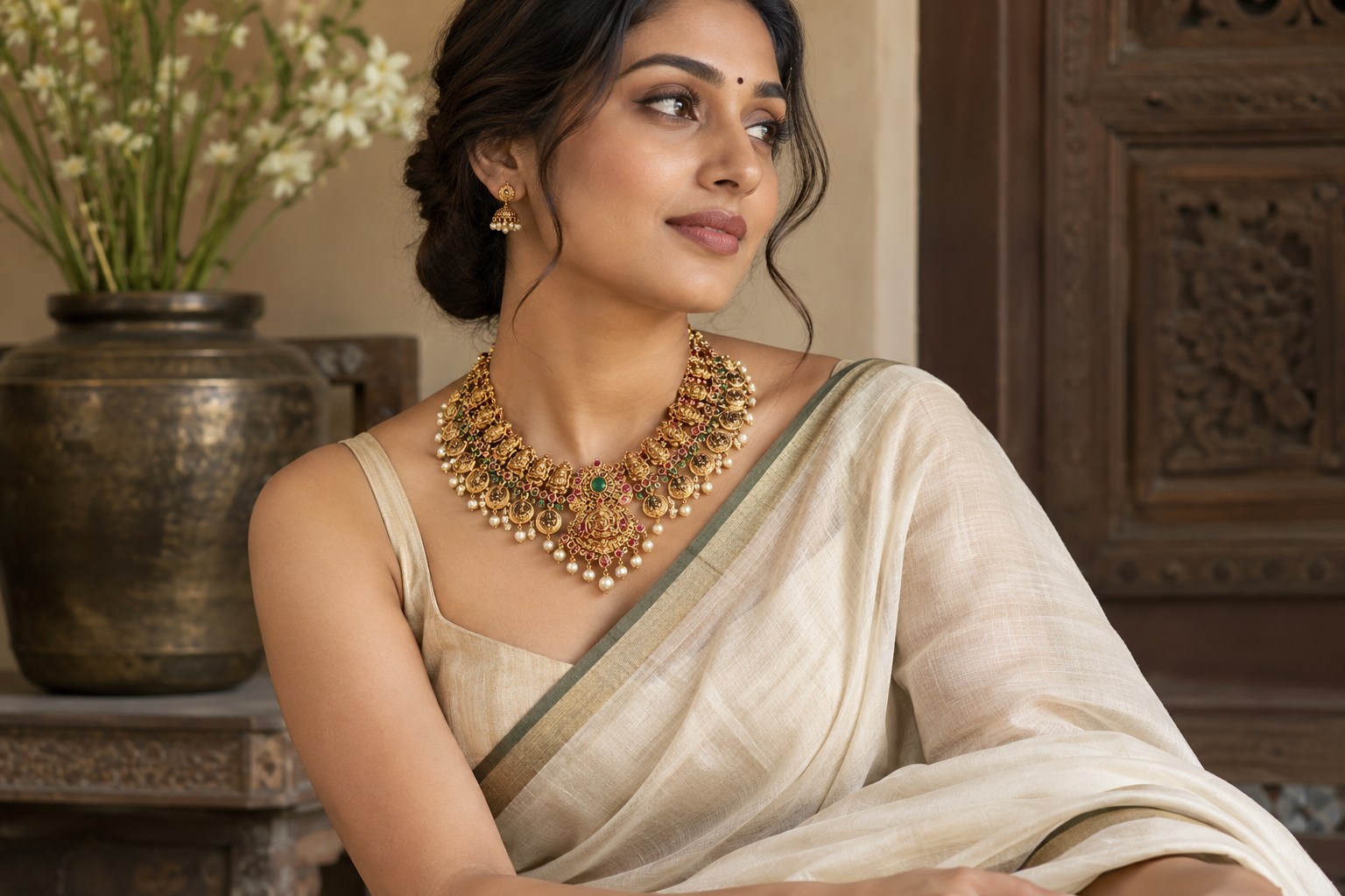 Woman wearing a saree with a narrow understated border and one broad statement necklace, simple earrings.