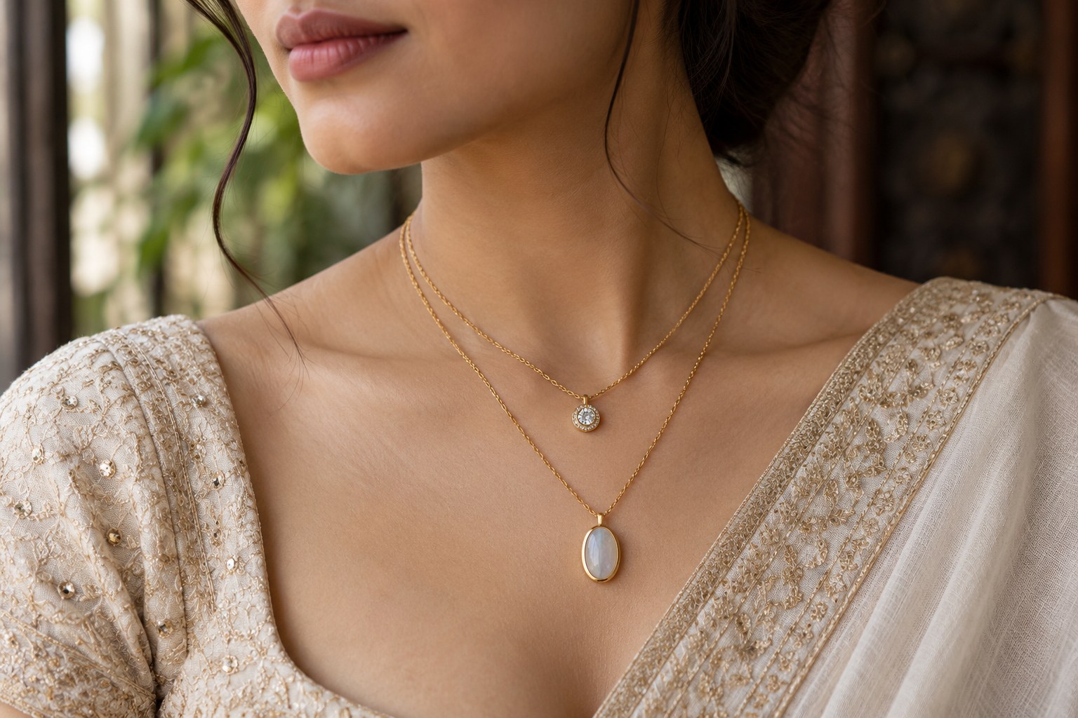 Close-up of two fine necklaces with clearly separated pendants at different lengths on an adult woman's plain open neckline, one small round pendant higher and one oval pendant lower.
