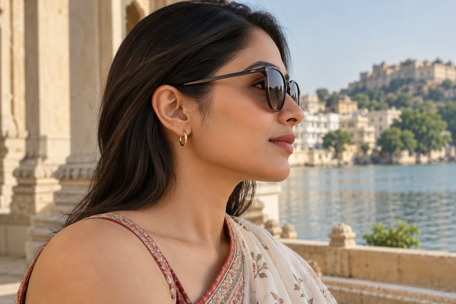 Woman in profile wearing plain sunglasses whose arms clear her small hoop earrings, hair tucked behind ear.