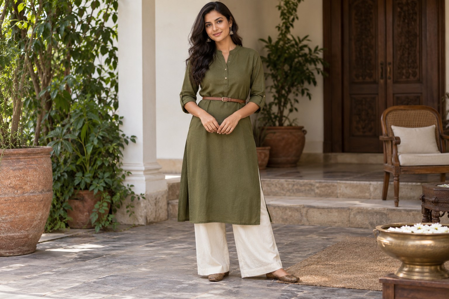 Woman in a loose plain olive kurta gently shaped by a narrow brown belt at waist, cream trousers.