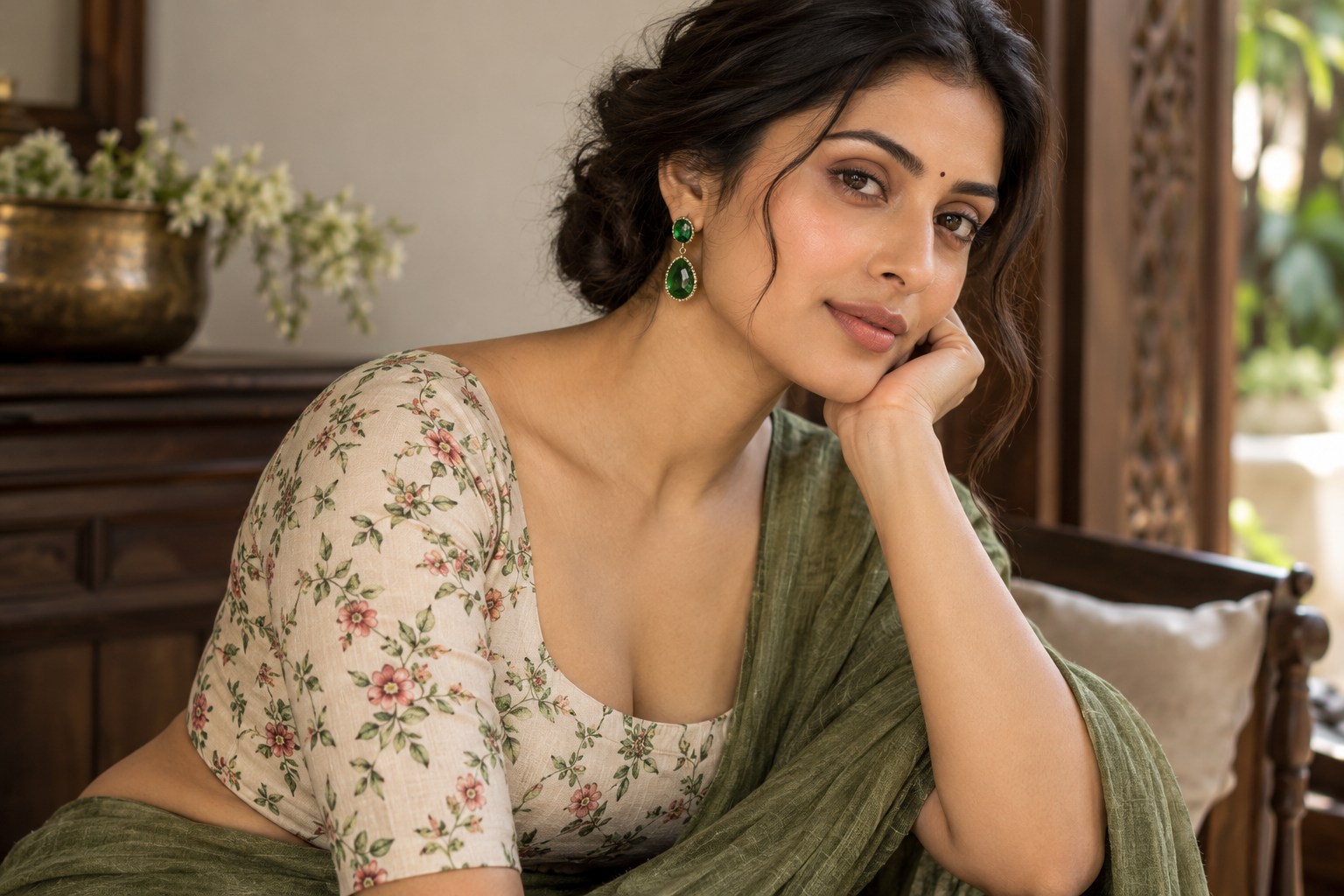 Woman wearing a small floral printed blouse with green stone earrings echoing a leaf colour in the print.