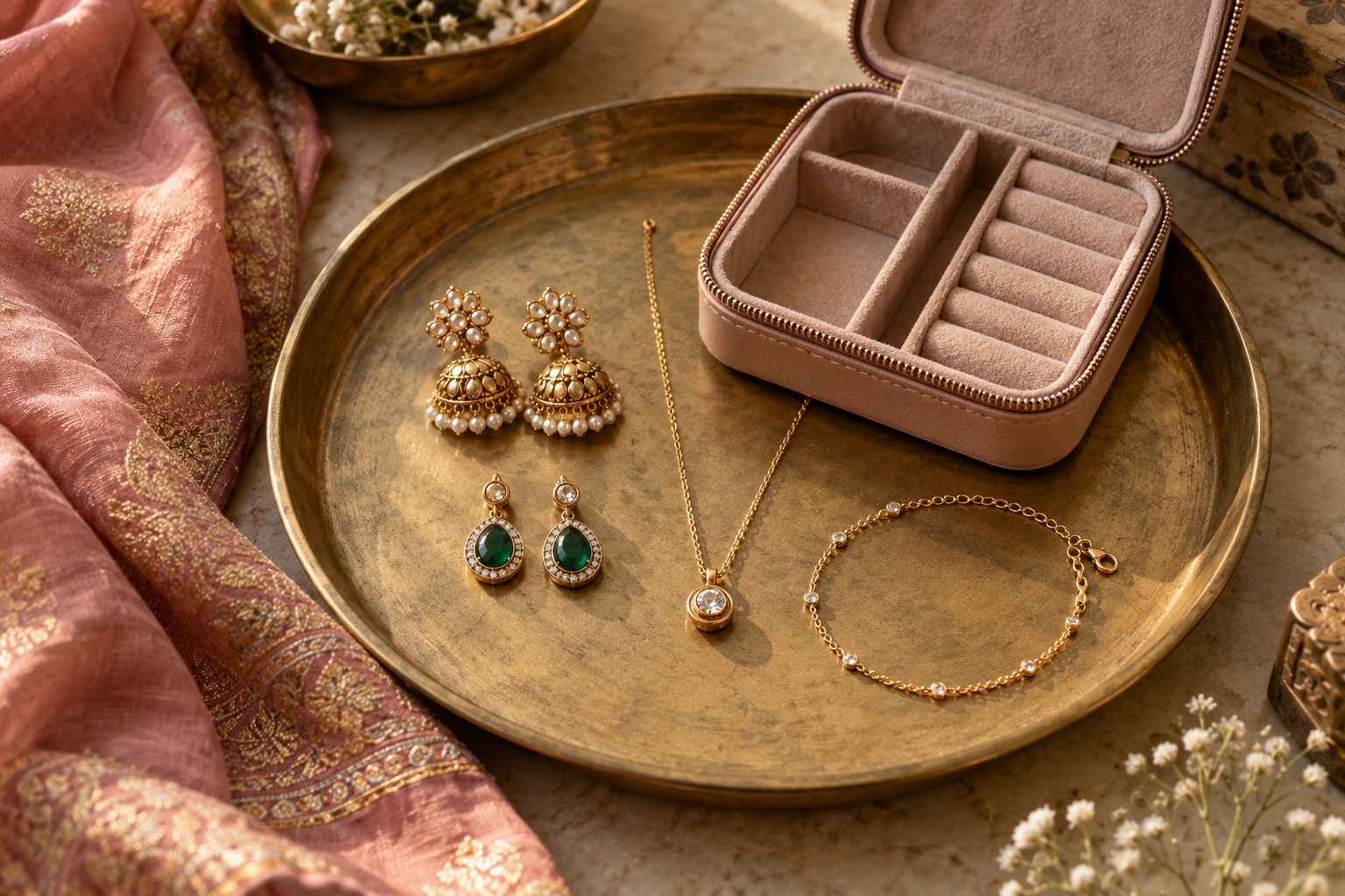 Small travel jewellery selection on a tray: two pairs of earrings, one simple pendant and one slim bracelet beside a compact divided pouch.