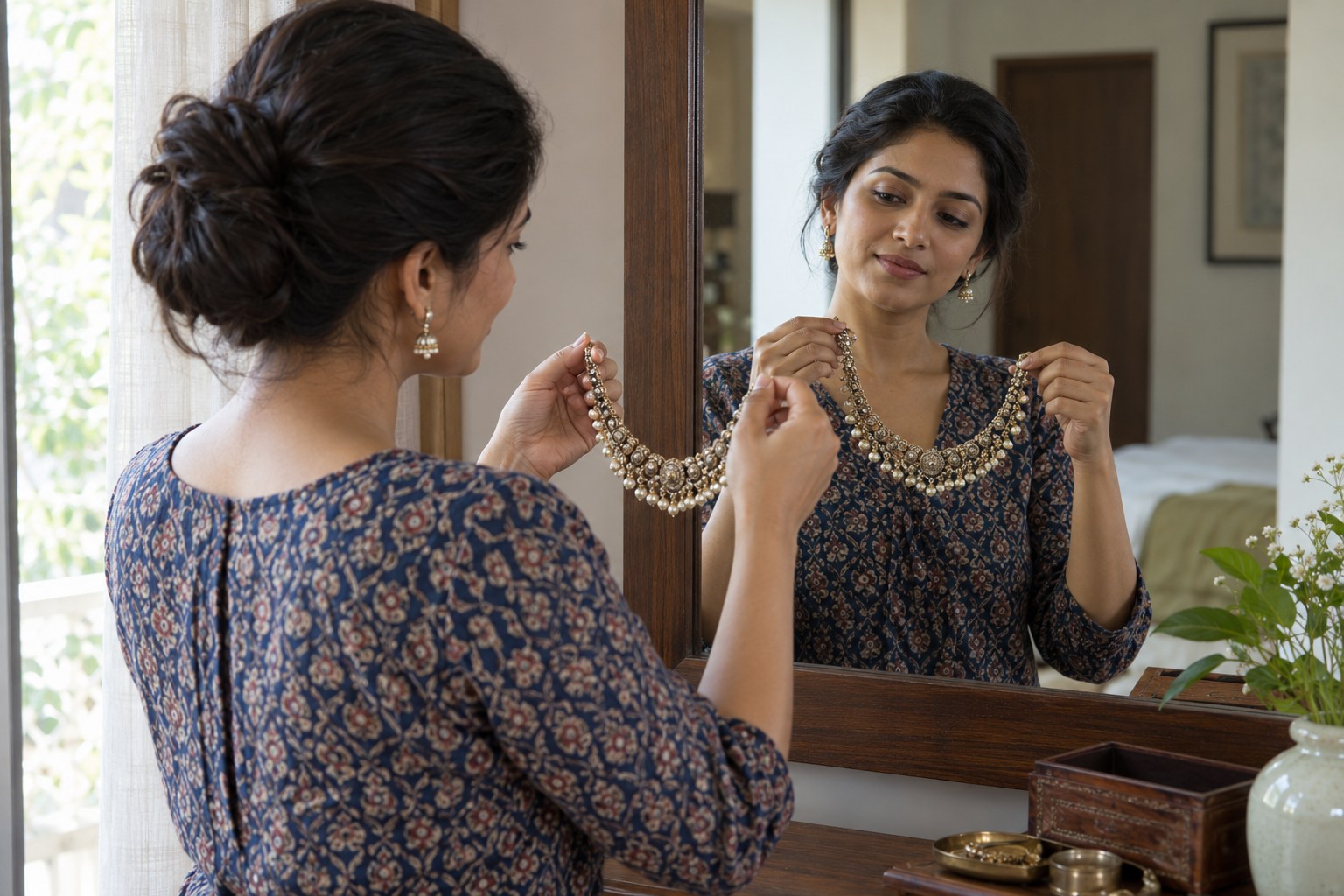 Woman in a patterned blouse standing before a mirror, holding a large necklace she has removed while still wearing simple earrings.