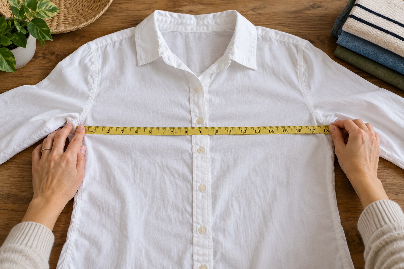 Existing plain women's cotton shirt laid flat on a table with tape measure across chest from underarm seam to underarm seam, adult hands smoothing fabric.