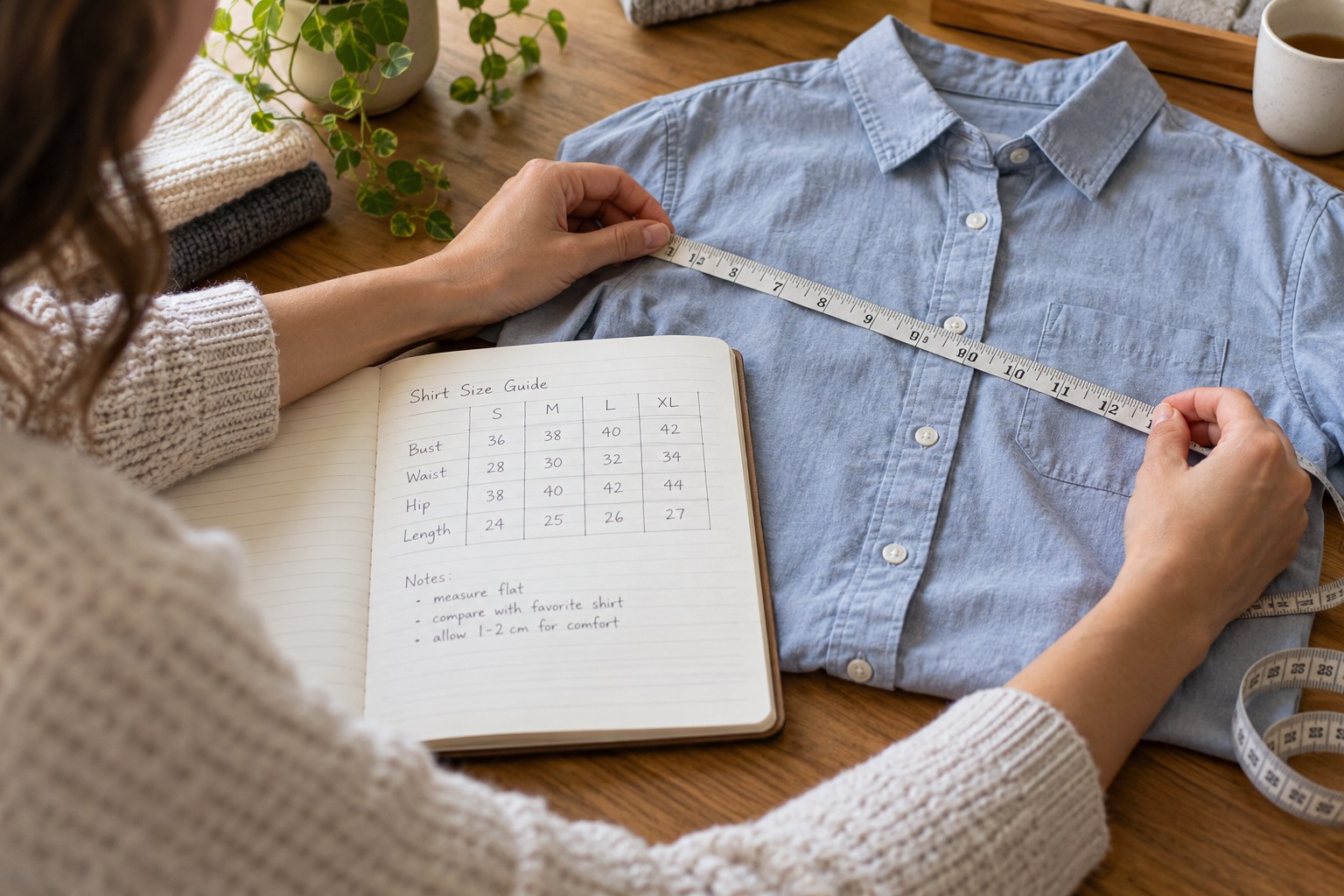 Woman's hands comparing a garment measurement tape with a simple handwritten size grid in an open notebook, generic small indistinct writing.
