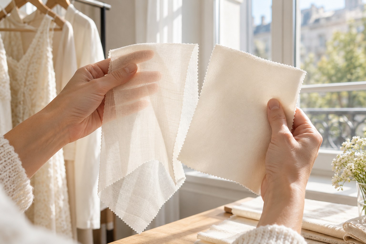 Hands comparing two cream fabric samples against window light.