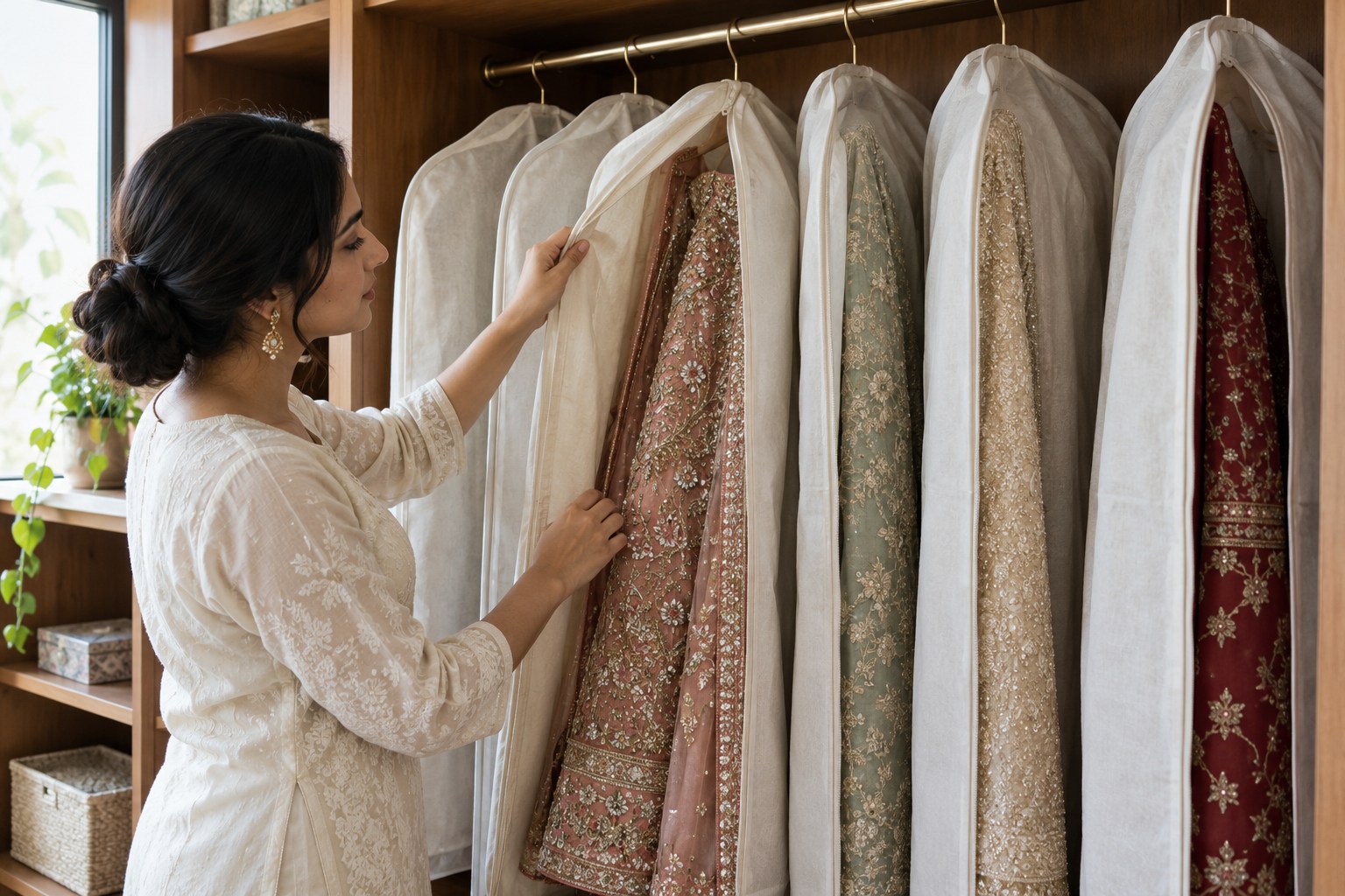Embroidered festive garments in individual breathable cotton covers separated on a spacious wardrobe rail, one cover open enough to show beading.
