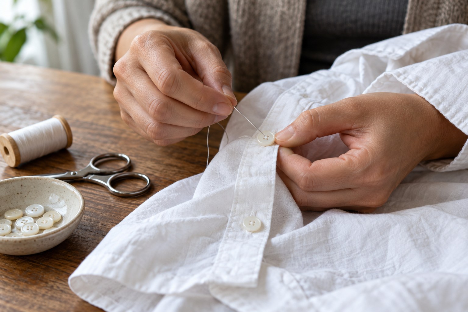 Adult hands sewing a loose button back onto a plain women's cotton shirt with needle and matching thread, close-up tabletop with small scissors.