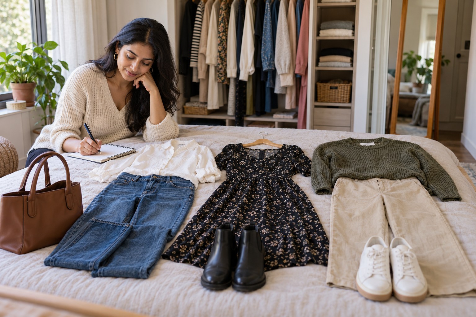 Woman writing wardrobe notes beside outfits laid out on a bed.