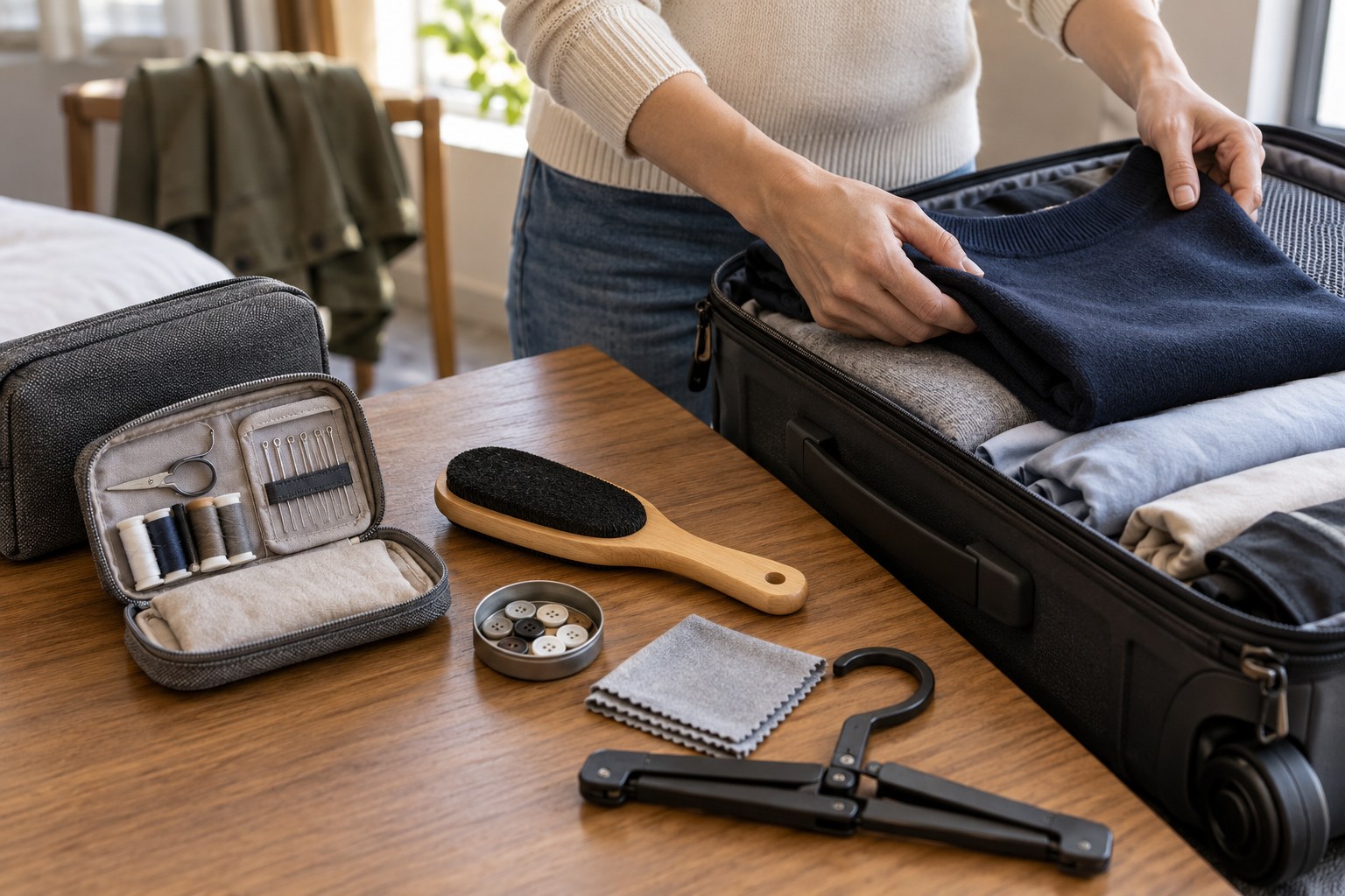 Compact sewing supplies, lint brush and folding hanger beside a suitcase.