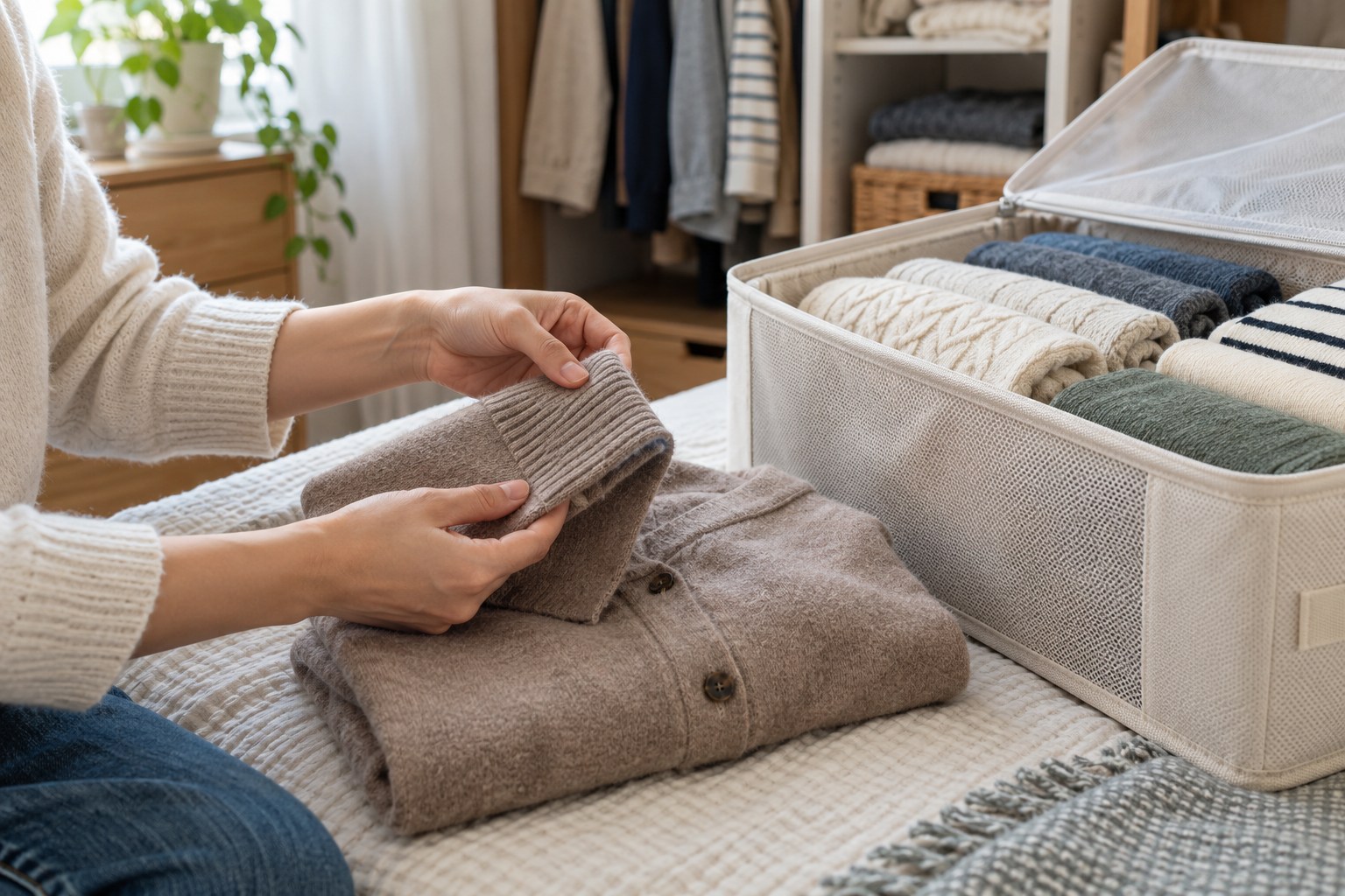Hands inspecting a folded cardigan beside a clothing storage box.