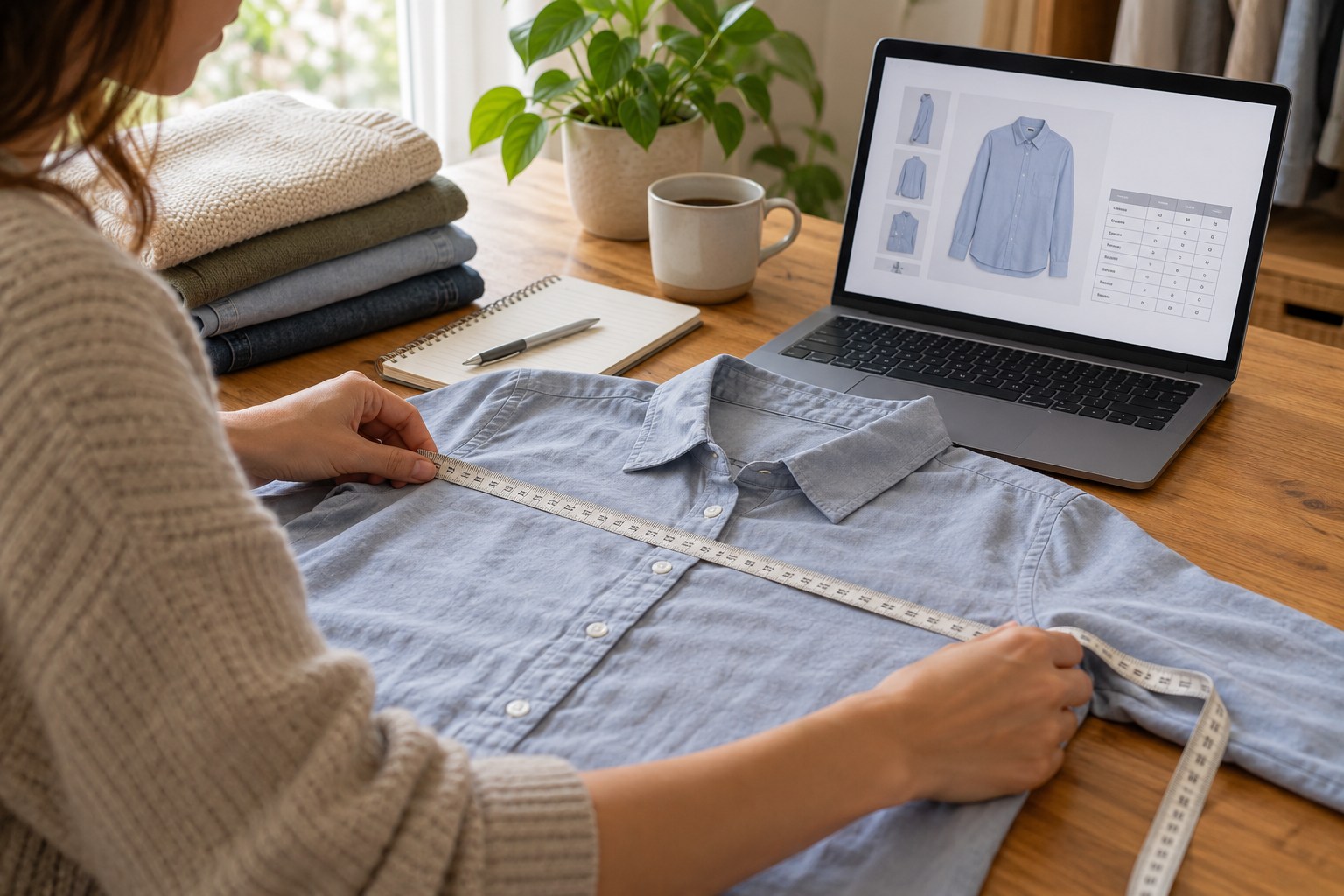 Hands measuring a shirt beside a laptop displaying a clothing page.